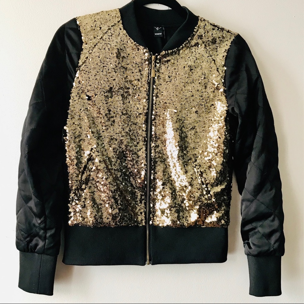 Gold Sequin Bomber Jacket Black Quilted Sleeve